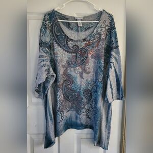 Catherine Paisley Print Asymmetrical 3/4 Sleeve Rhinestone Womans Blouse, Size3X